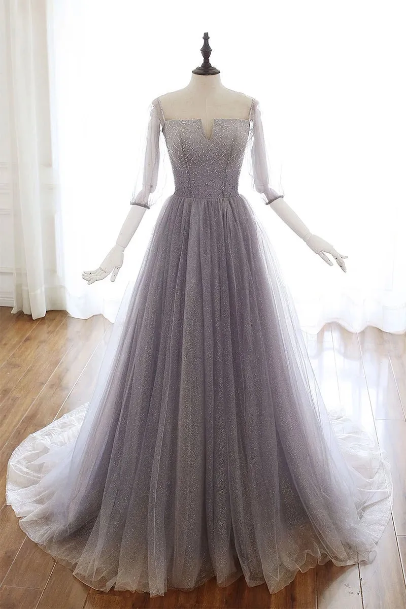 Off the Shoulder Unique Tulle A Line Prom Dress with Sleeves Chic Beaded Prom Evening Dress CTB1614