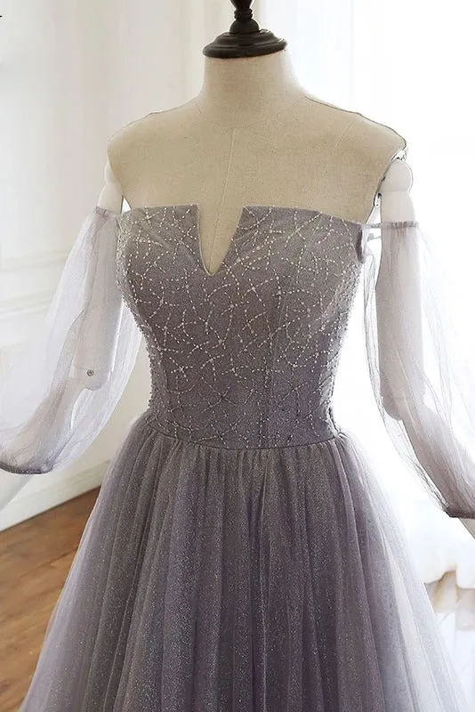 Off the Shoulder Unique Tulle A Line Prom Dress with Sleeves Chic Beaded Prom Evening Dress CTB1614