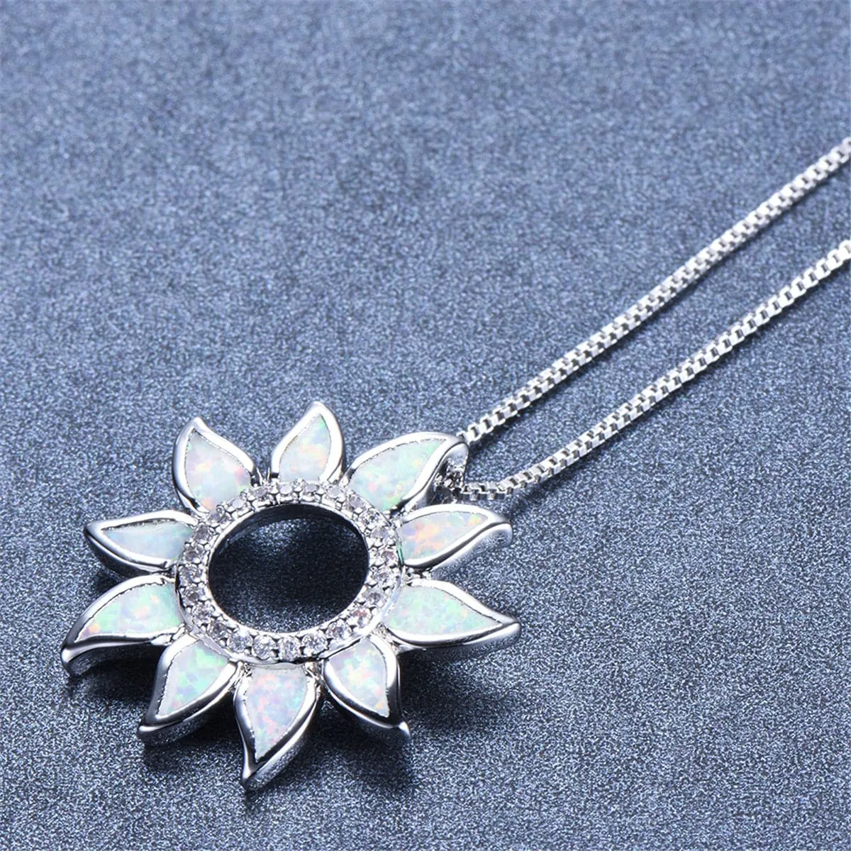 Opal & Cubic Zirconia Open Sunflower Pendant Necklace