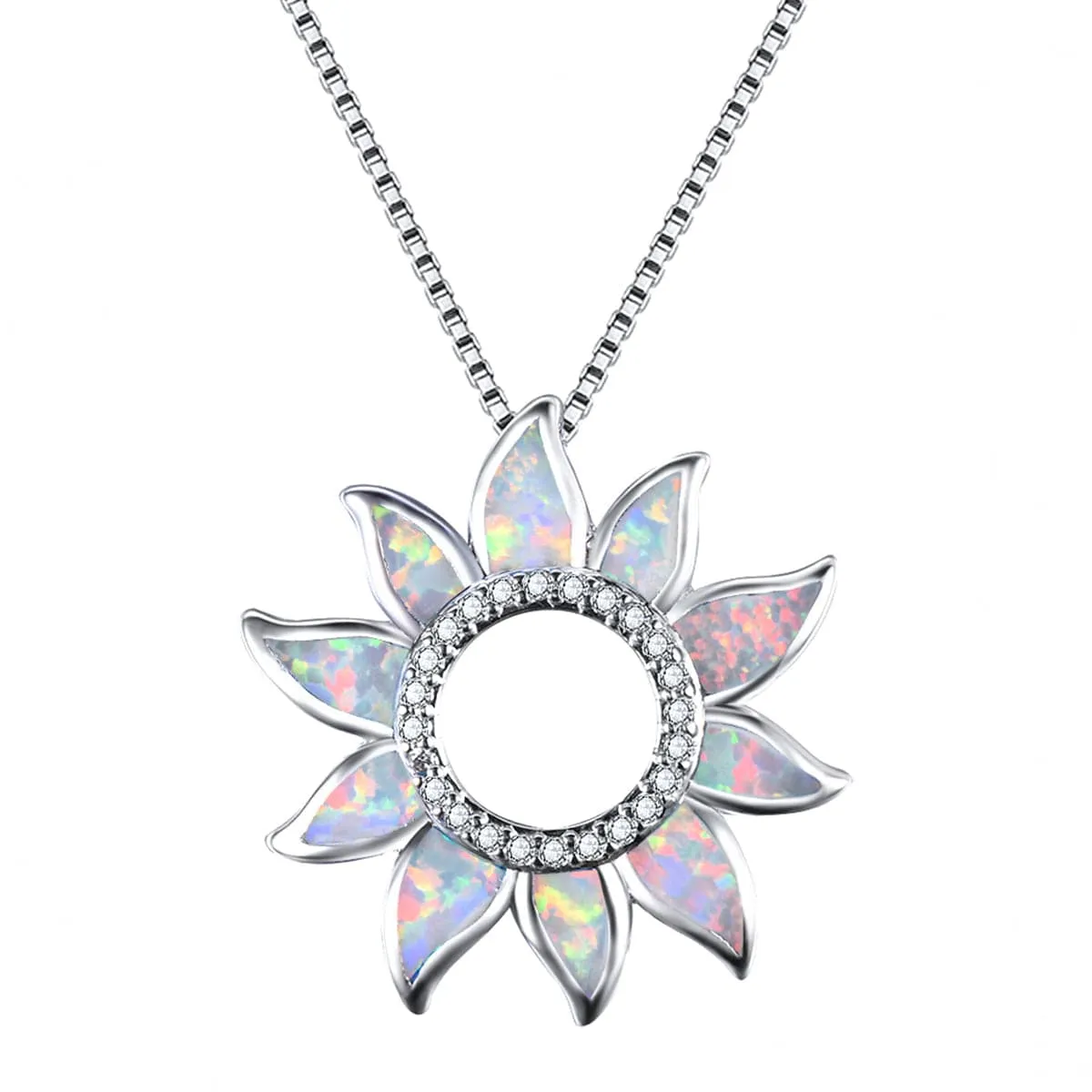 Opal & Cubic Zirconia Open Sunflower Pendant Necklace