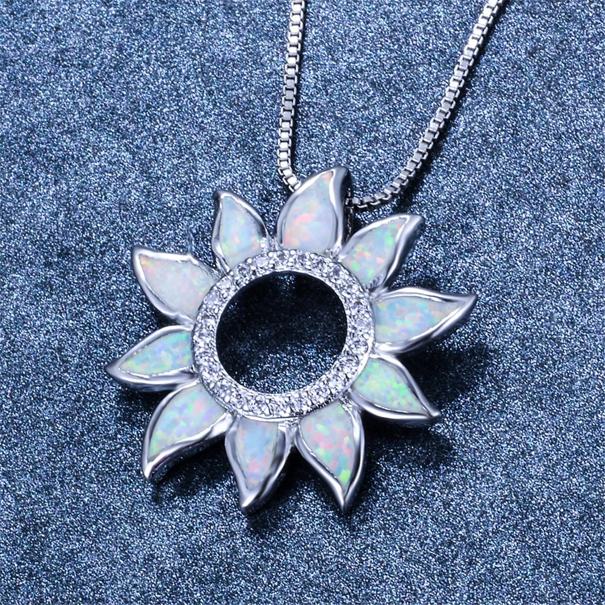 Opal & Cubic Zirconia Open Sunflower Pendant Necklace
