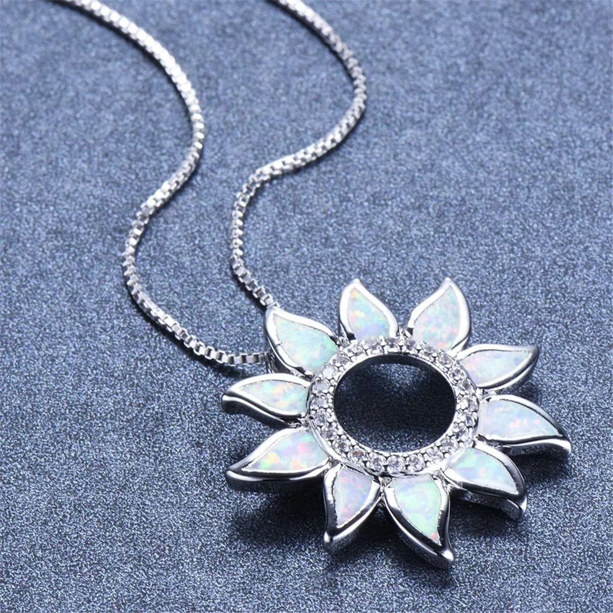 Opal & Cubic Zirconia Open Sunflower Pendant Necklace