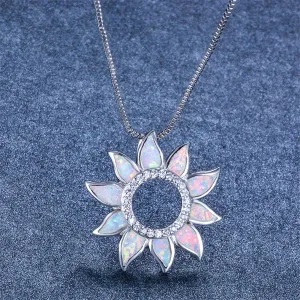 Opal & Cubic Zirconia Open Sunflower Pendant Necklace
