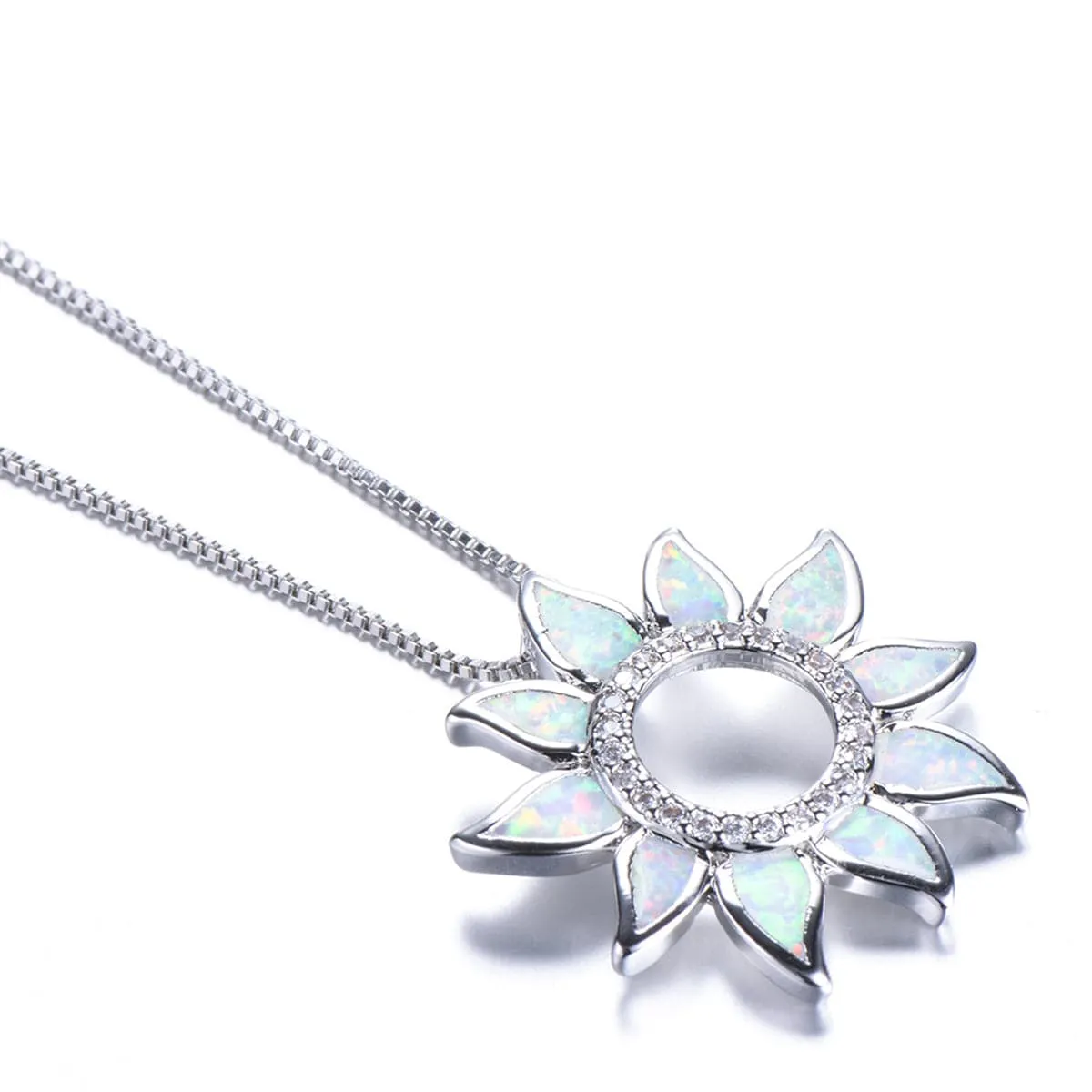 Opal & Cubic Zirconia Open Sunflower Pendant Necklace