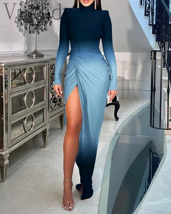 Padded Shoulder High Slit Ruched Dress