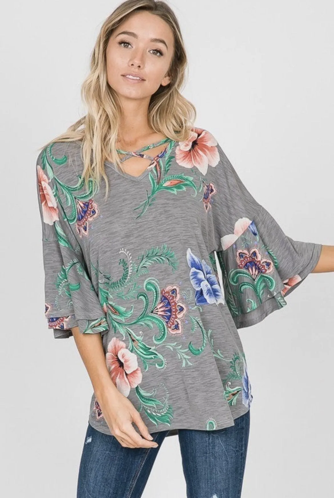 Paisley & Floral Mix Ruffle-Sleeve Top in Grey