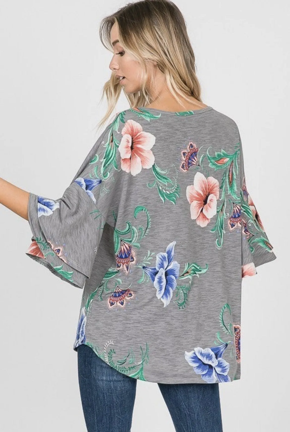 Paisley & Floral Mix Ruffle-Sleeve Top in Grey
