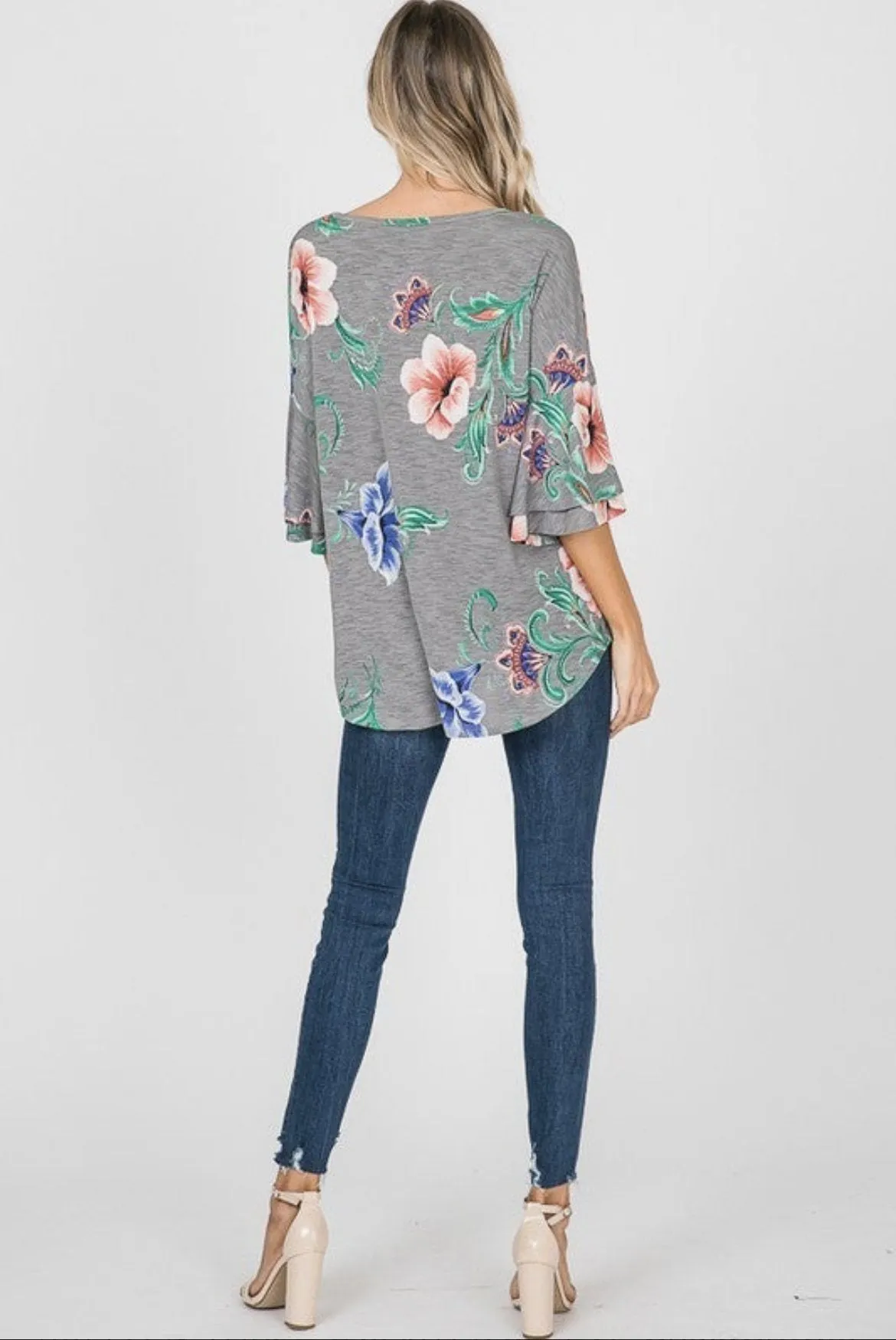Paisley & Floral Mix Ruffle-Sleeve Top in Grey