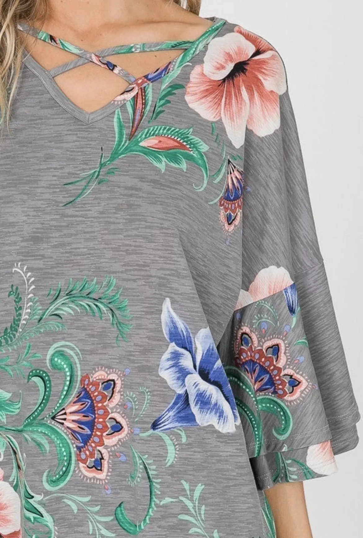 Paisley & Floral Mix Ruffle-Sleeve Top in Grey