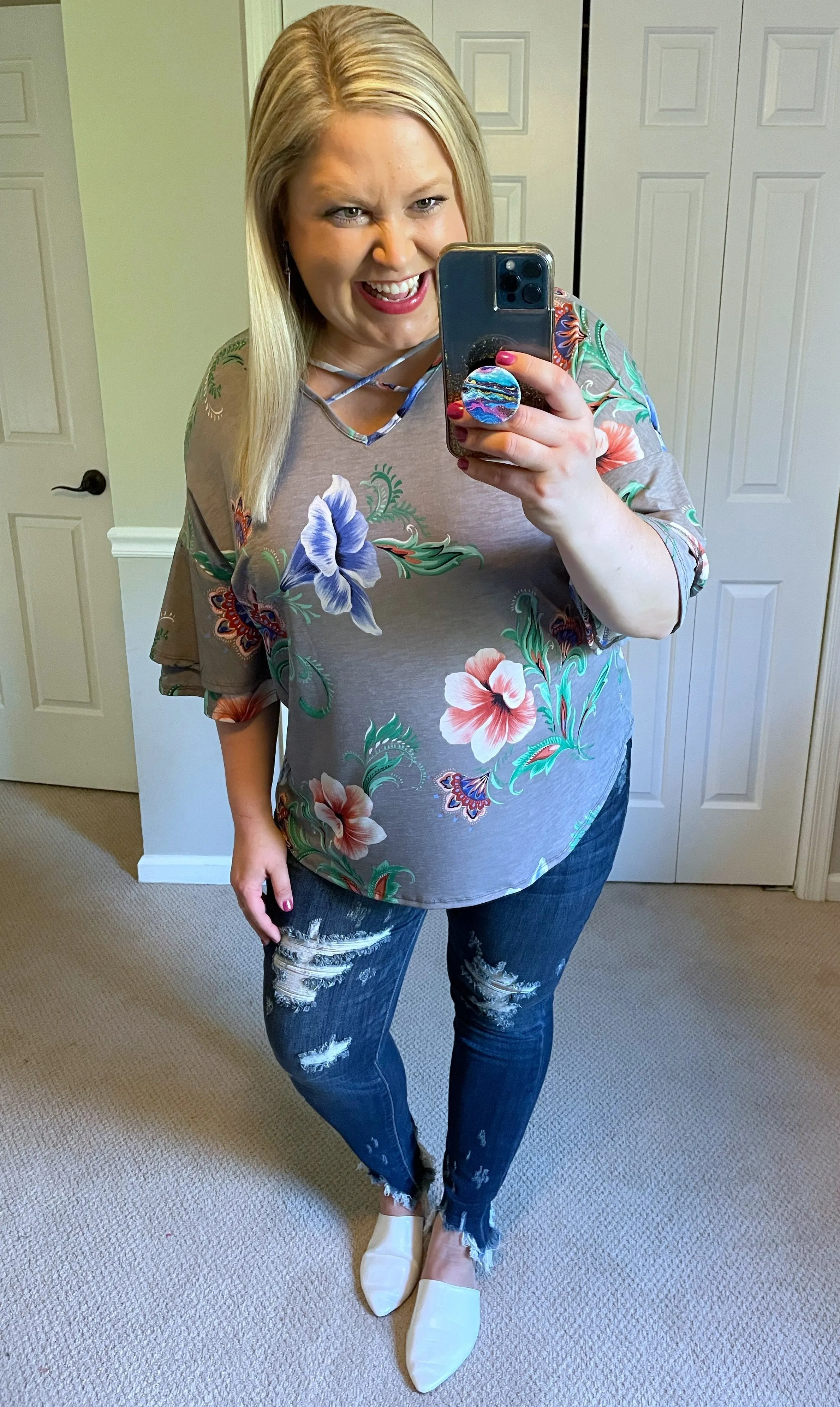 Paisley & Floral Mix Ruffle-Sleeve Top in Grey