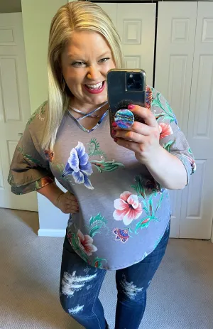Paisley & Floral Mix Ruffle-Sleeve Top in Grey