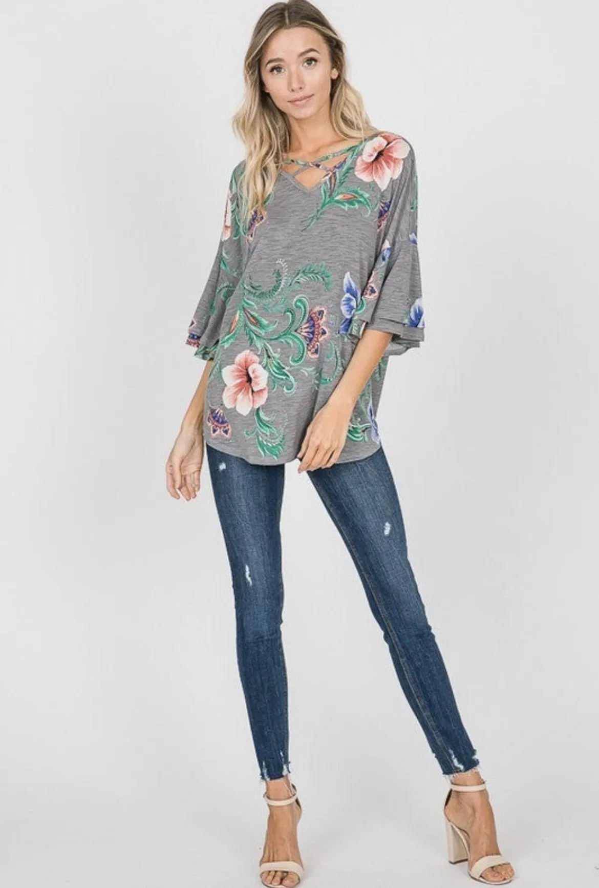 Paisley & Floral Mix Ruffle-Sleeve Top in Grey