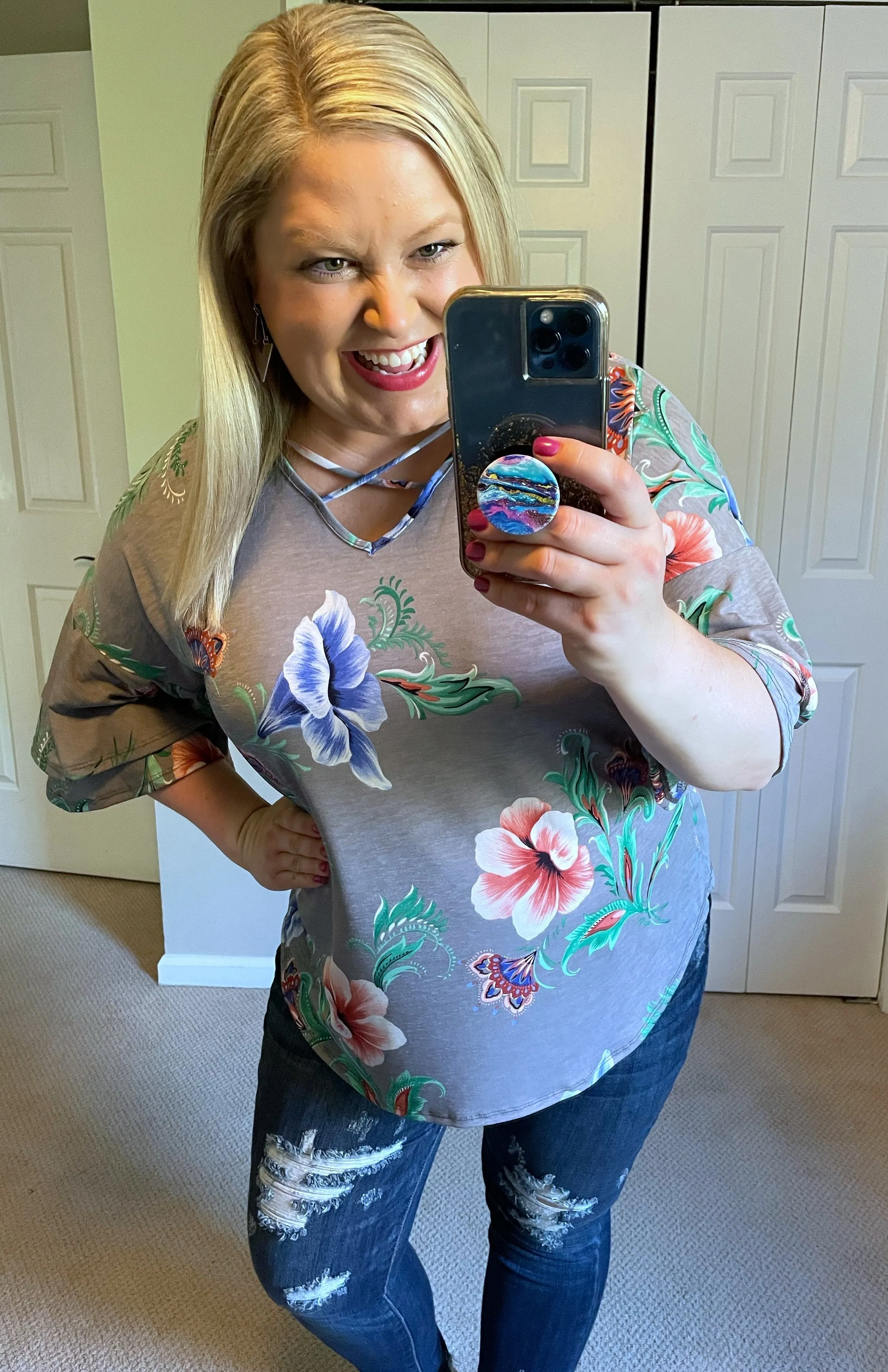 Paisley & Floral Mix Ruffle-Sleeve Top in Grey