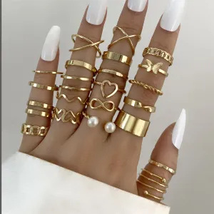 Pearl & 18K Gold-Plated Butterfly Ring Set