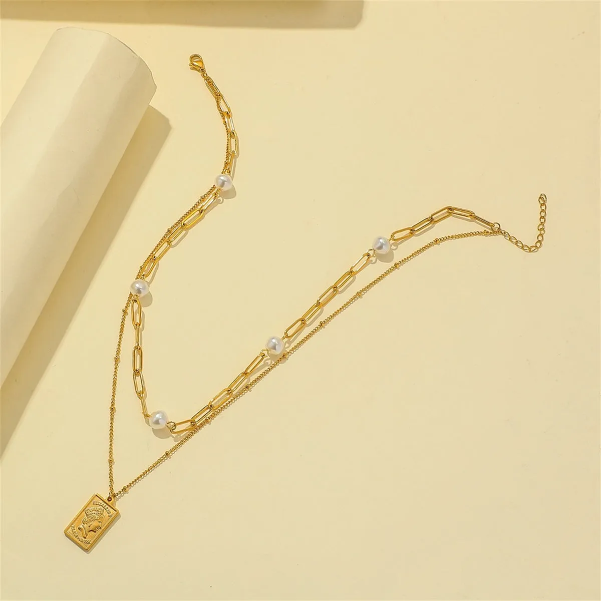 Pearl & 18K Gold-Plated Card Pendant Layered Necklace