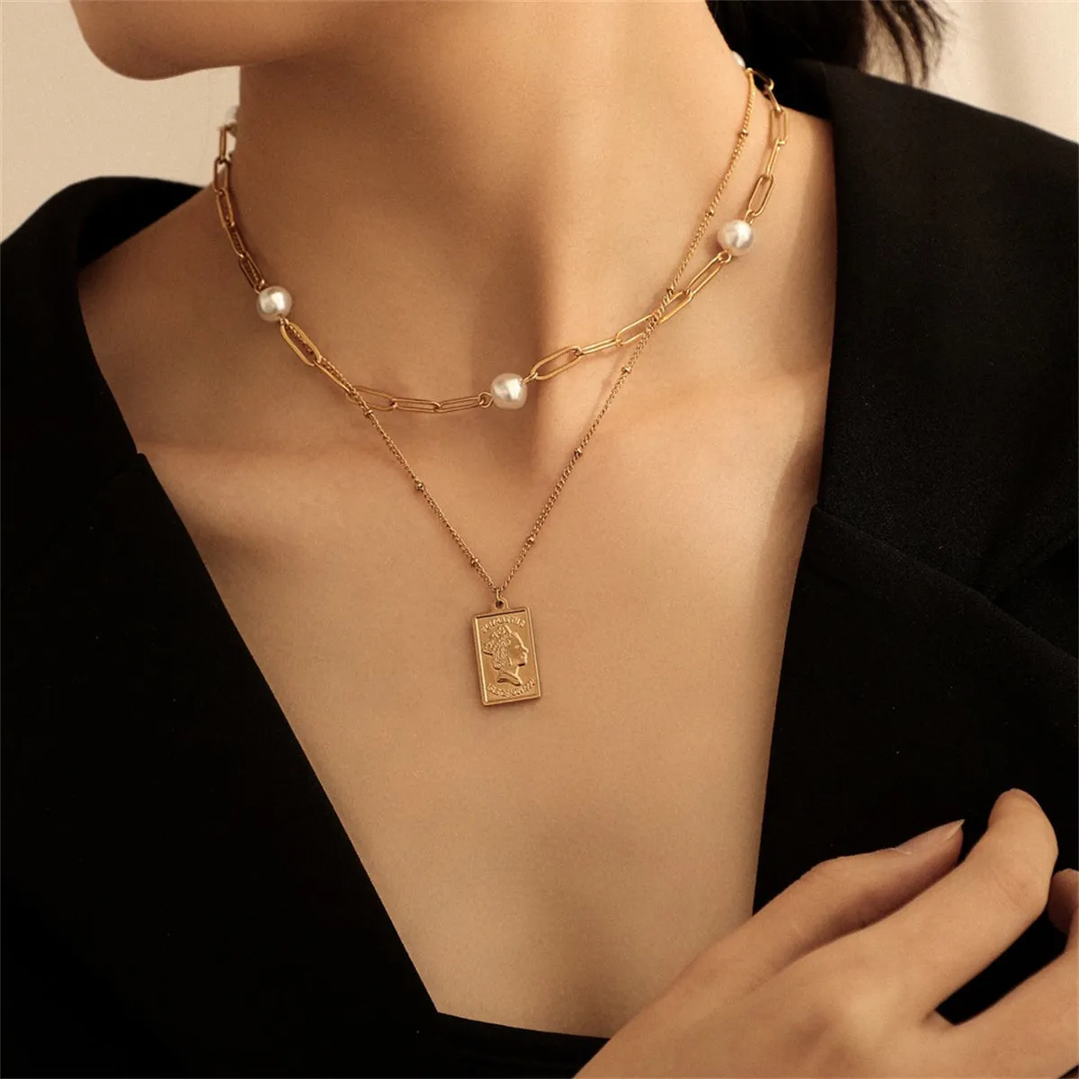 Pearl & 18K Gold-Plated Card Pendant Layered Necklace