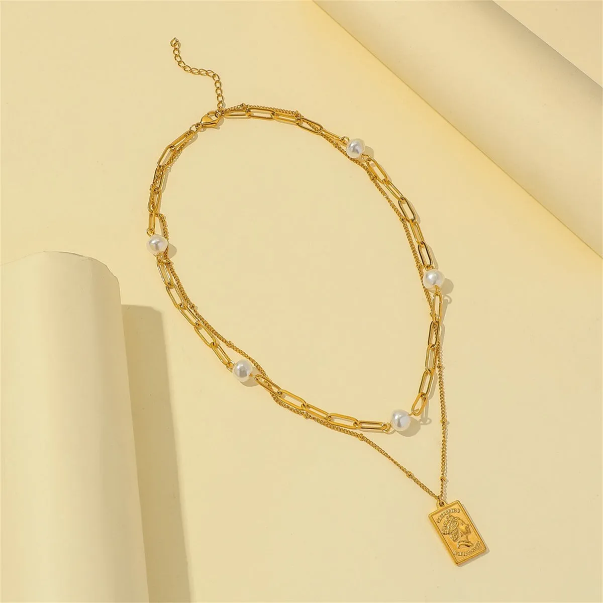 Pearl & 18K Gold-Plated Card Pendant Layered Necklace