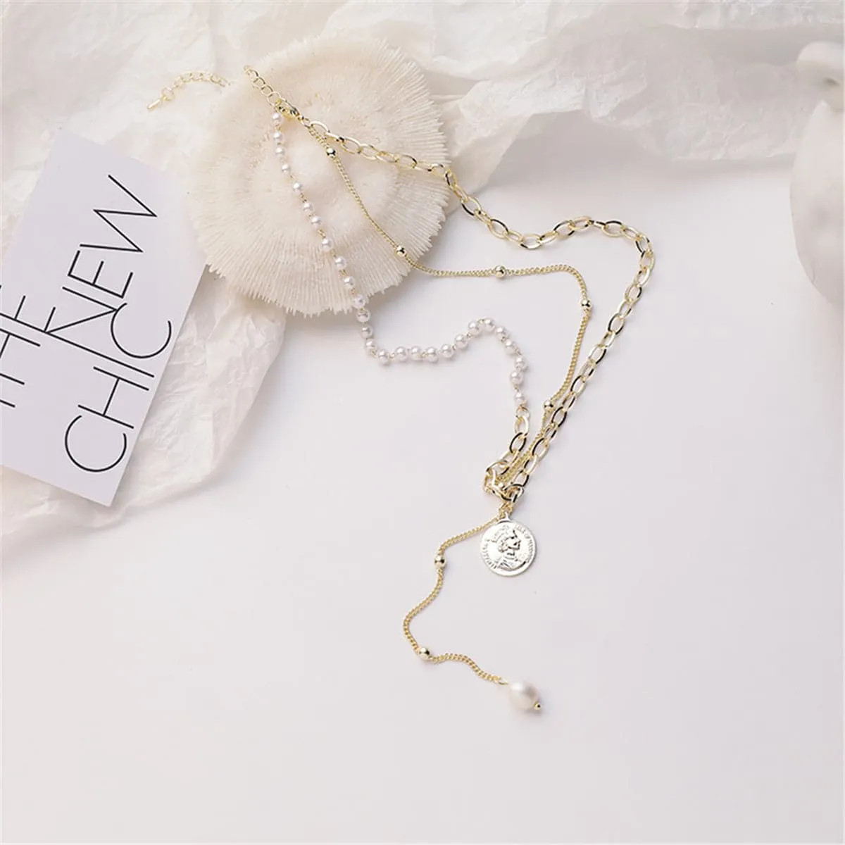 Pearl & 18K Gold-Plated Coin Lariat Necklace