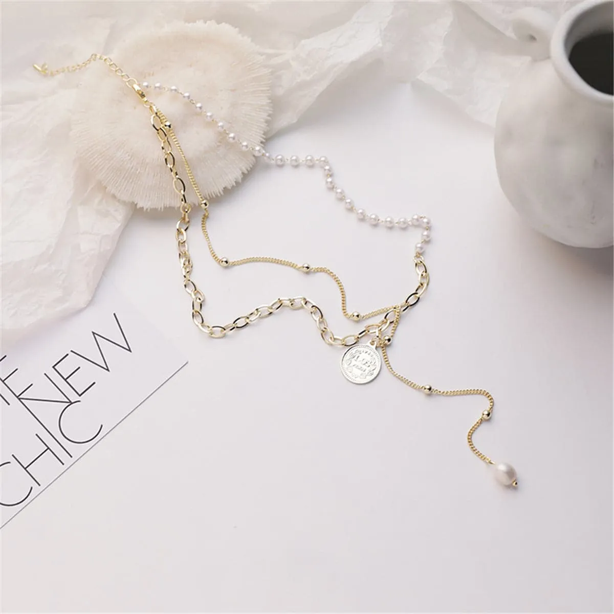 Pearl & 18K Gold-Plated Coin Lariat Necklace