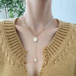 Pearl & 18K Gold-Plated Coin Lariat Necklace