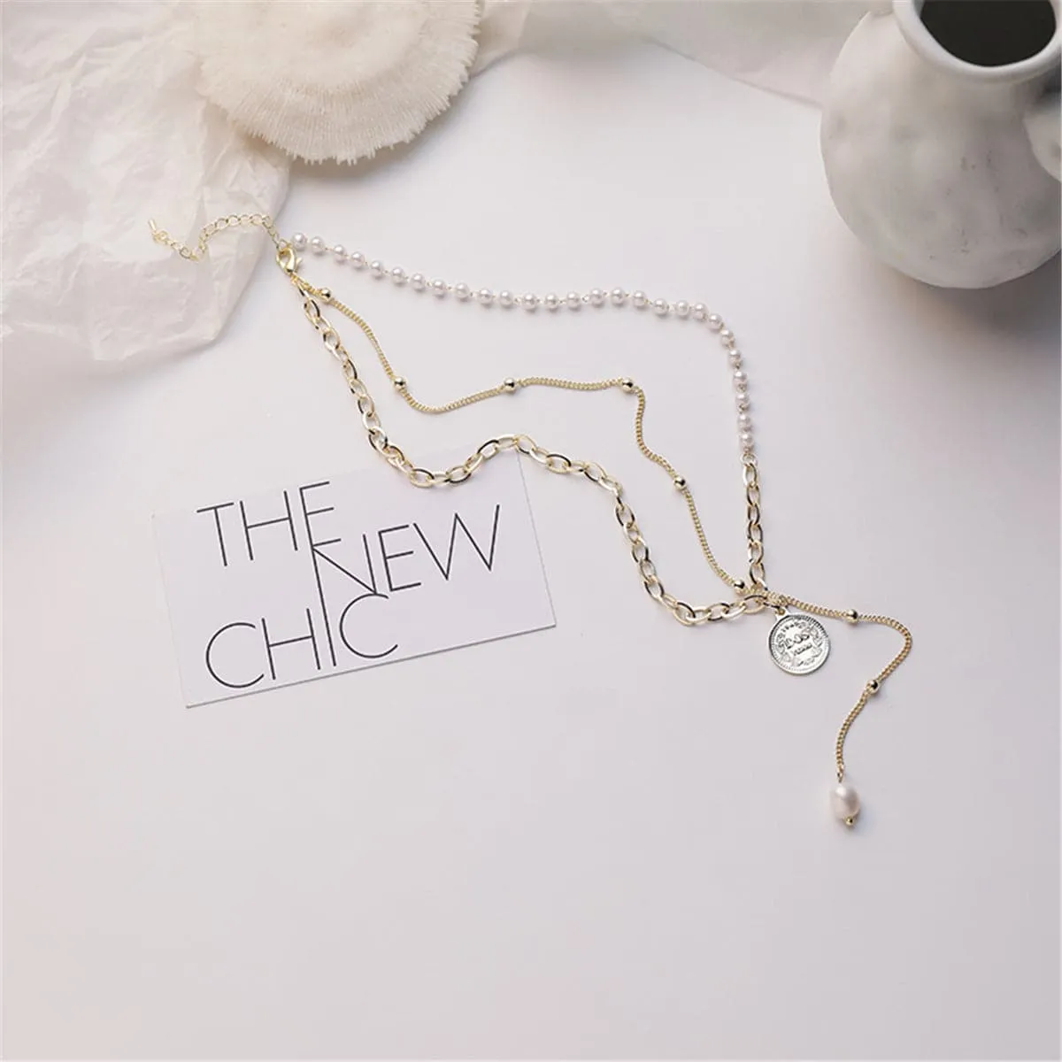 Pearl & 18K Gold-Plated Coin Lariat Necklace