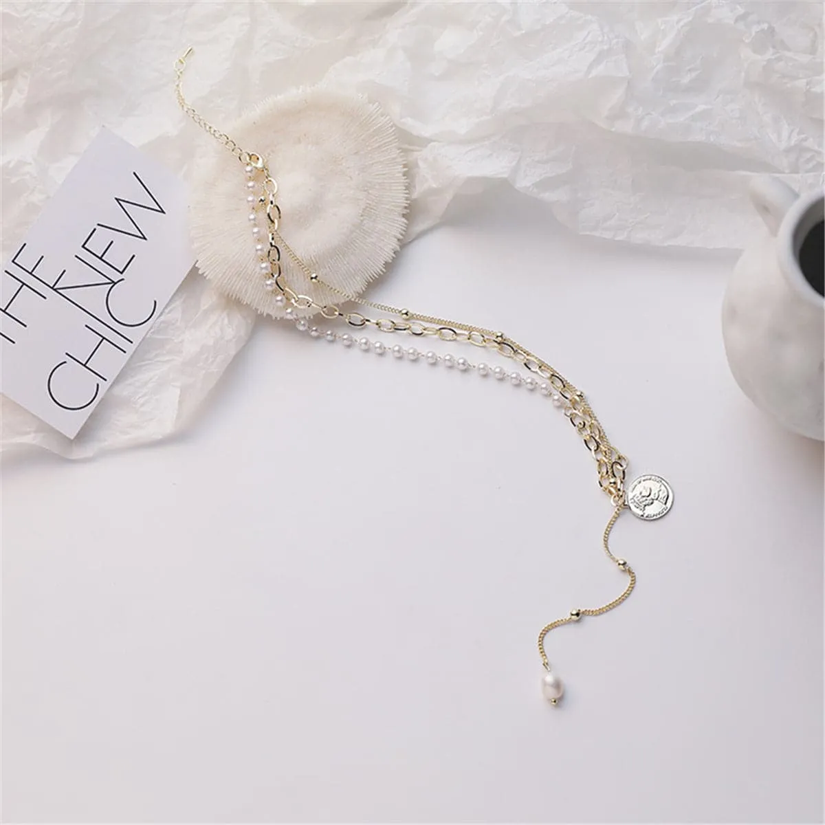 Pearl & 18K Gold-Plated Coin Lariat Necklace