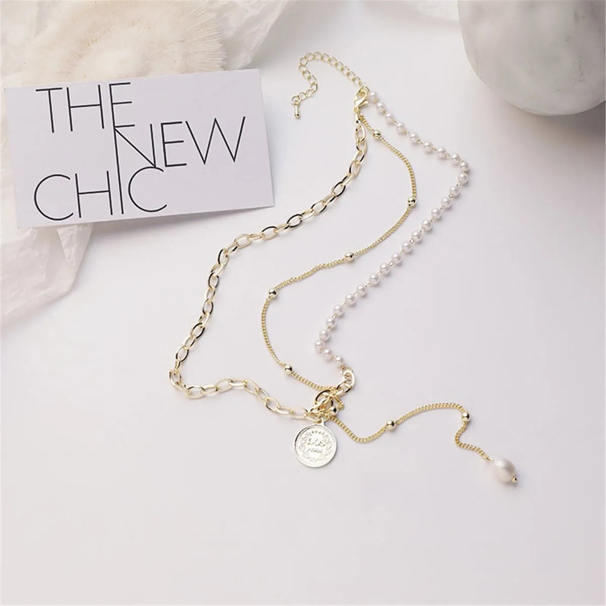 Pearl & 18K Gold-Plated Coin Lariat Necklace