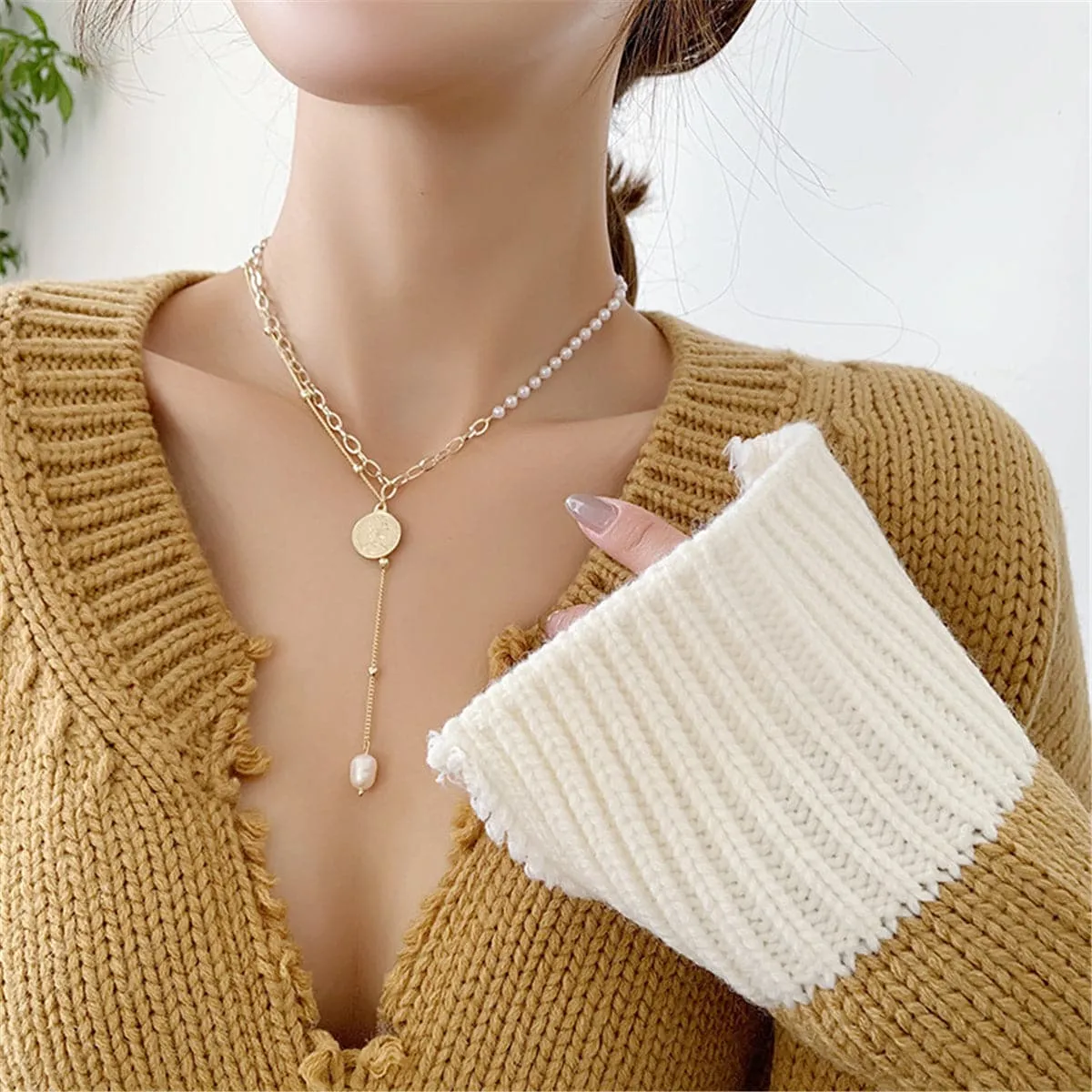 Pearl & 18K Gold-Plated Coin Lariat Necklace
