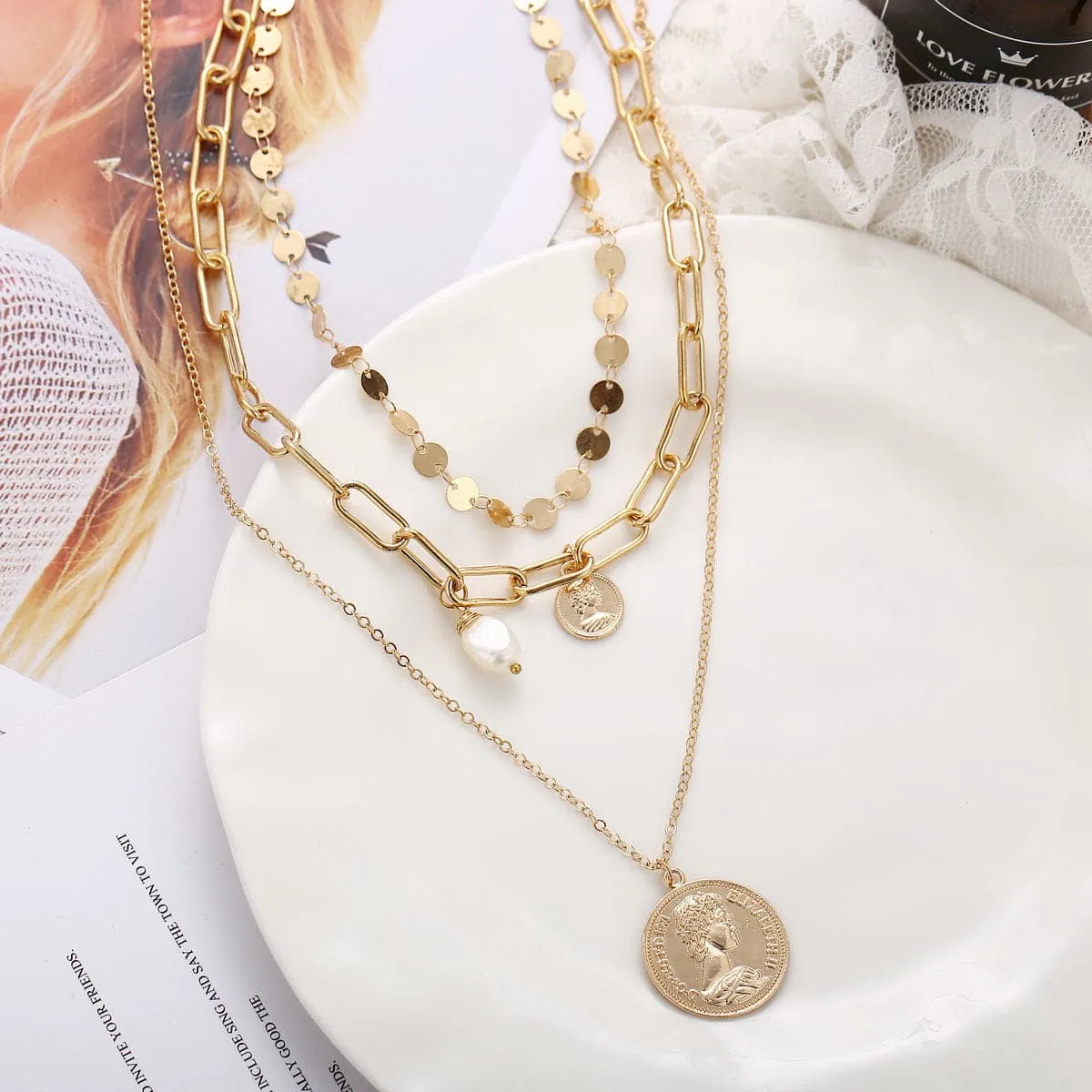 Pearl & 18K Gold-Plated Coin Layer Necklace