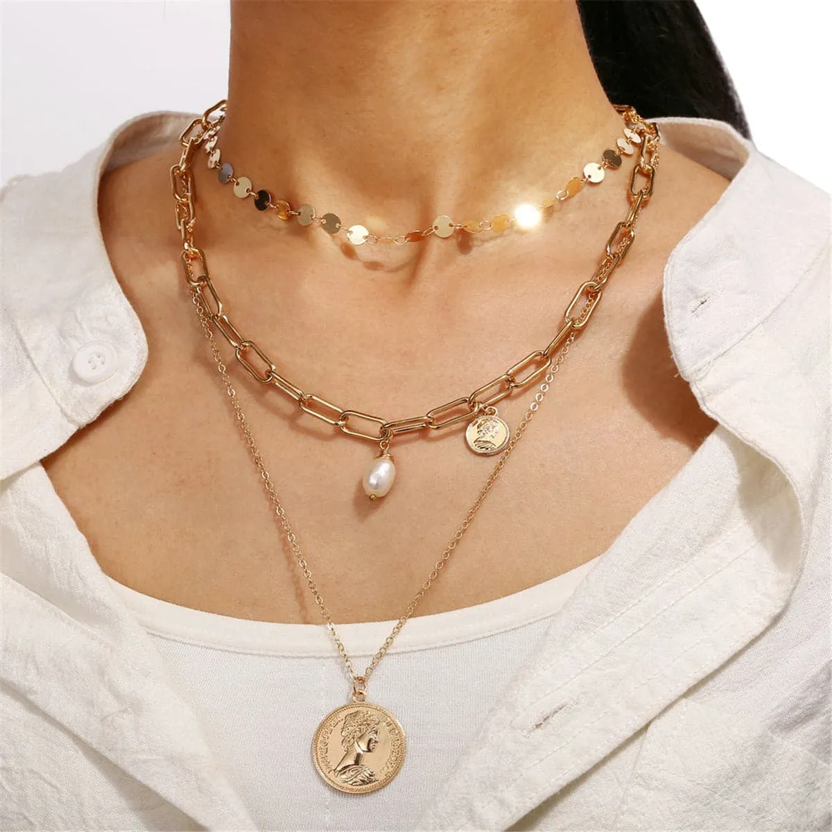 Pearl & 18K Gold-Plated Coin Layer Necklace