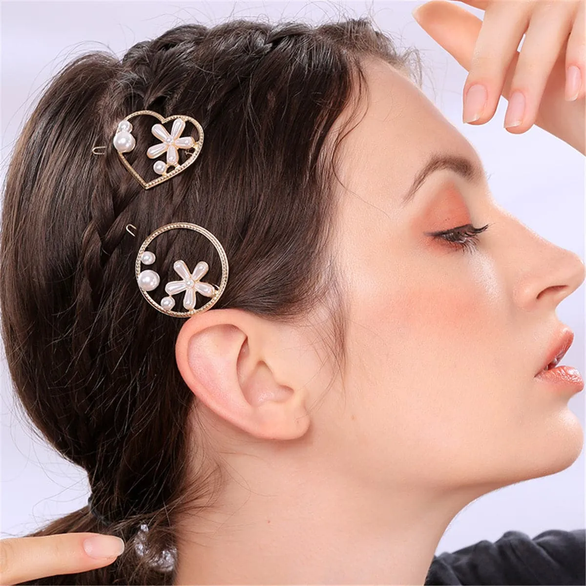 Pearl & 18K Gold-Plated Flower Heart Hair Clip Set