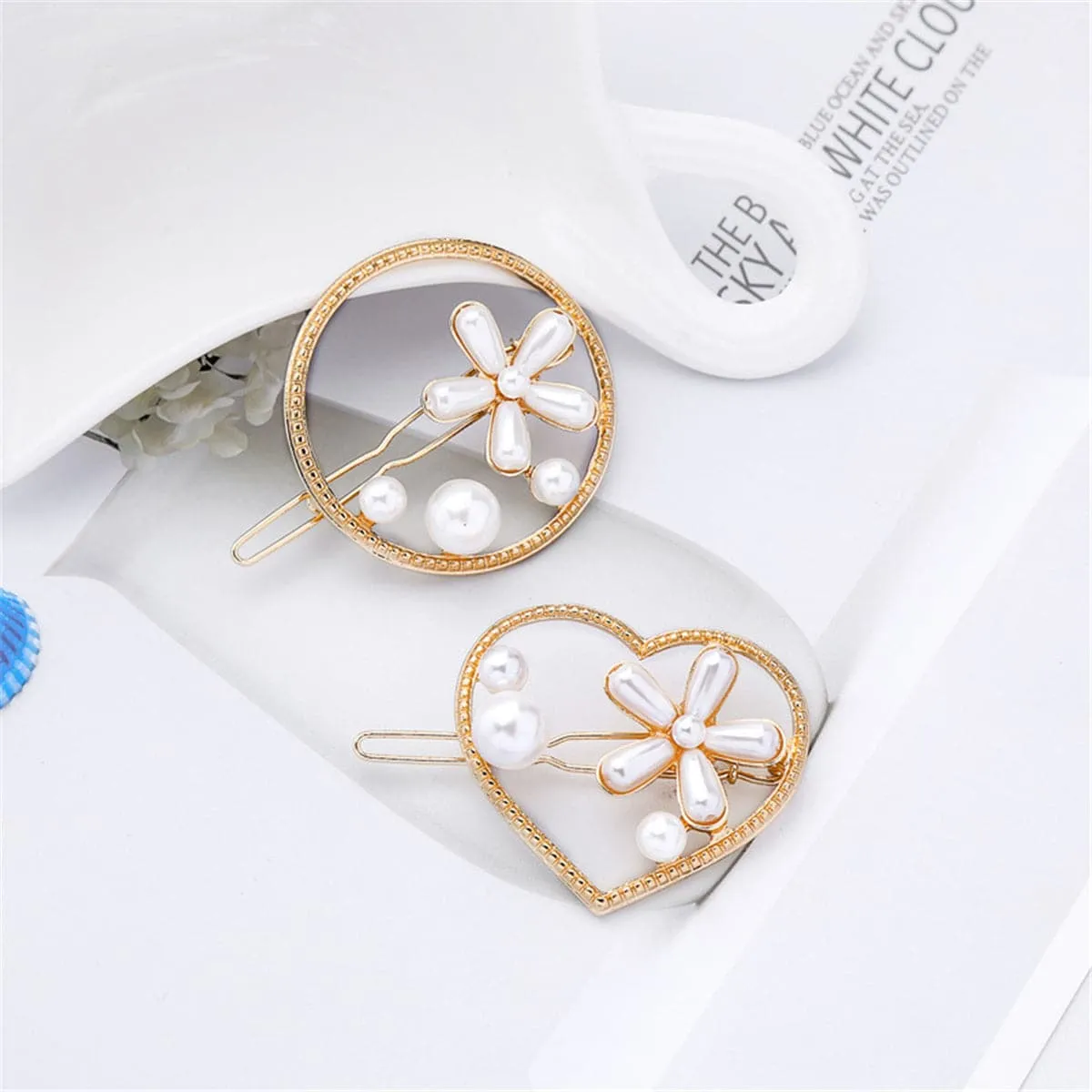 Pearl & 18K Gold-Plated Flower Heart Hair Clip Set