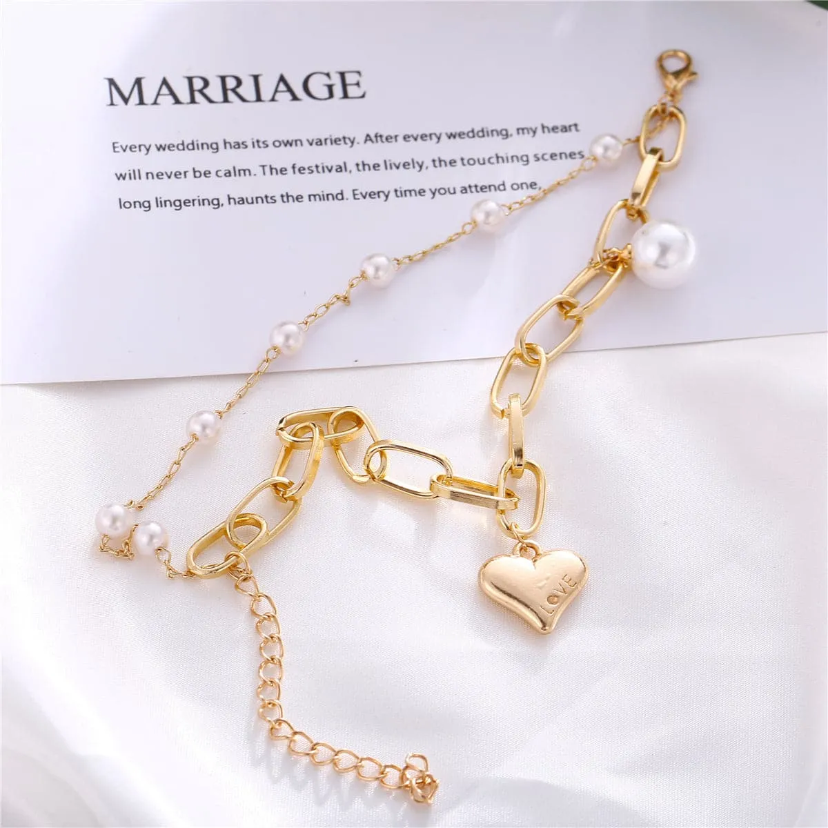 Pearl & 18K Gold-Plated Heart Charm Chain Bracelet