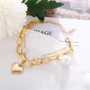 Pearl & 18K Gold-Plated Heart Charm Chain Bracelet