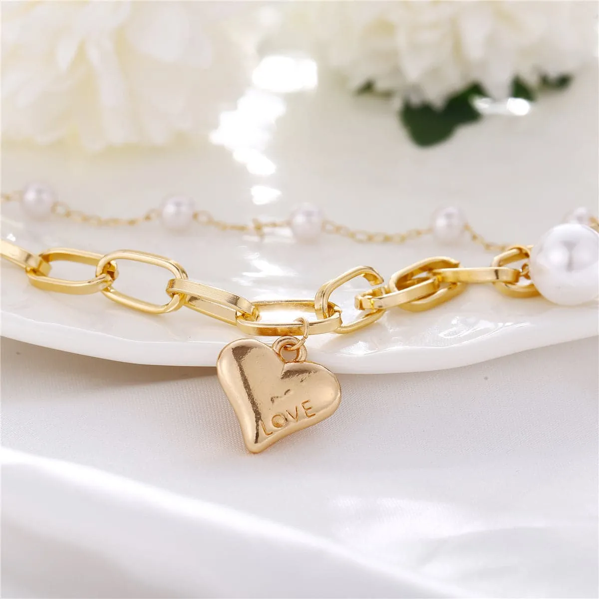 Pearl & 18K Gold-Plated Heart Charm Chain Bracelet