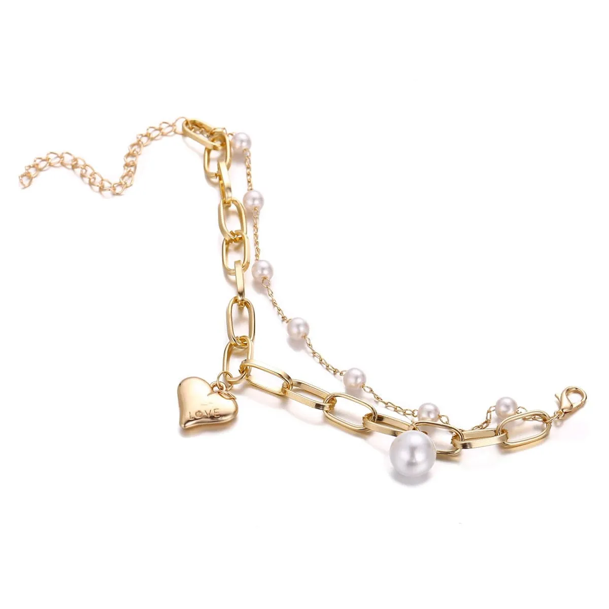 Pearl & 18K Gold-Plated Heart Charm Chain Bracelet