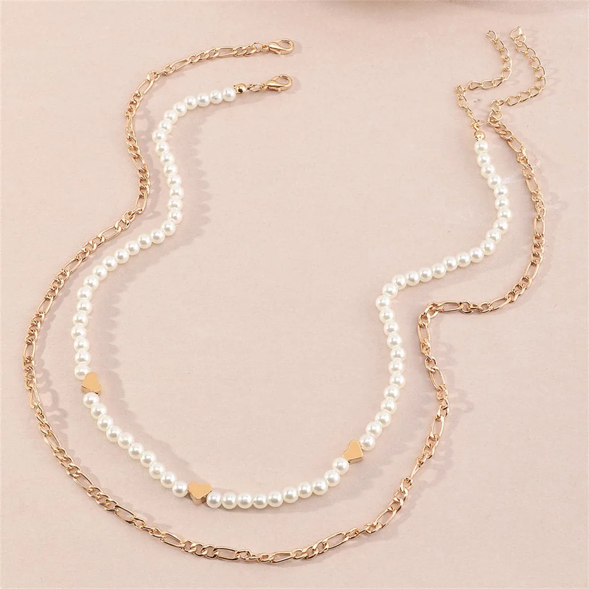 Pearl & 18K Gold-Plated Heart Necklace Set