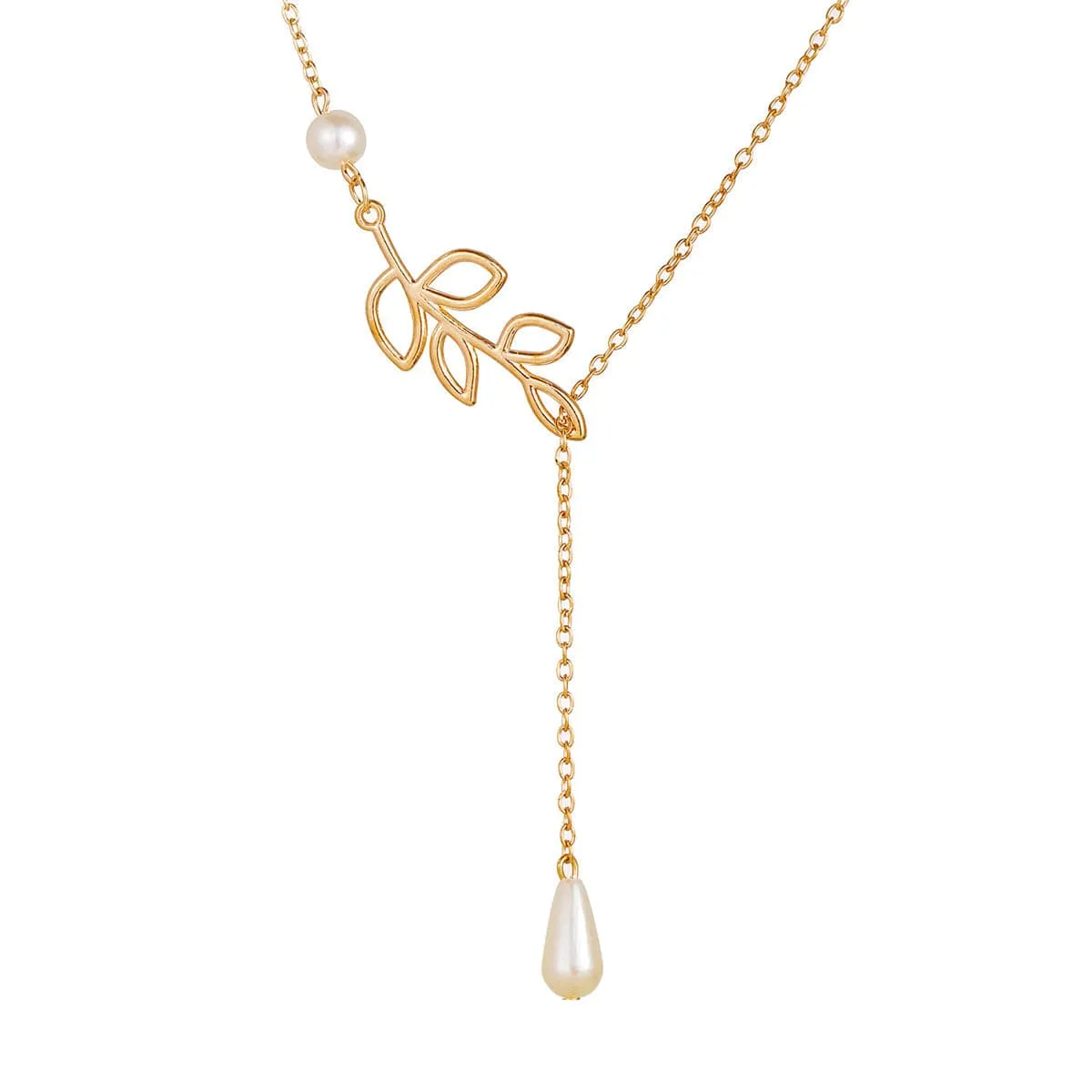 Pearl & 18K Gold-Plated Leaves Openwork Bar Necklace