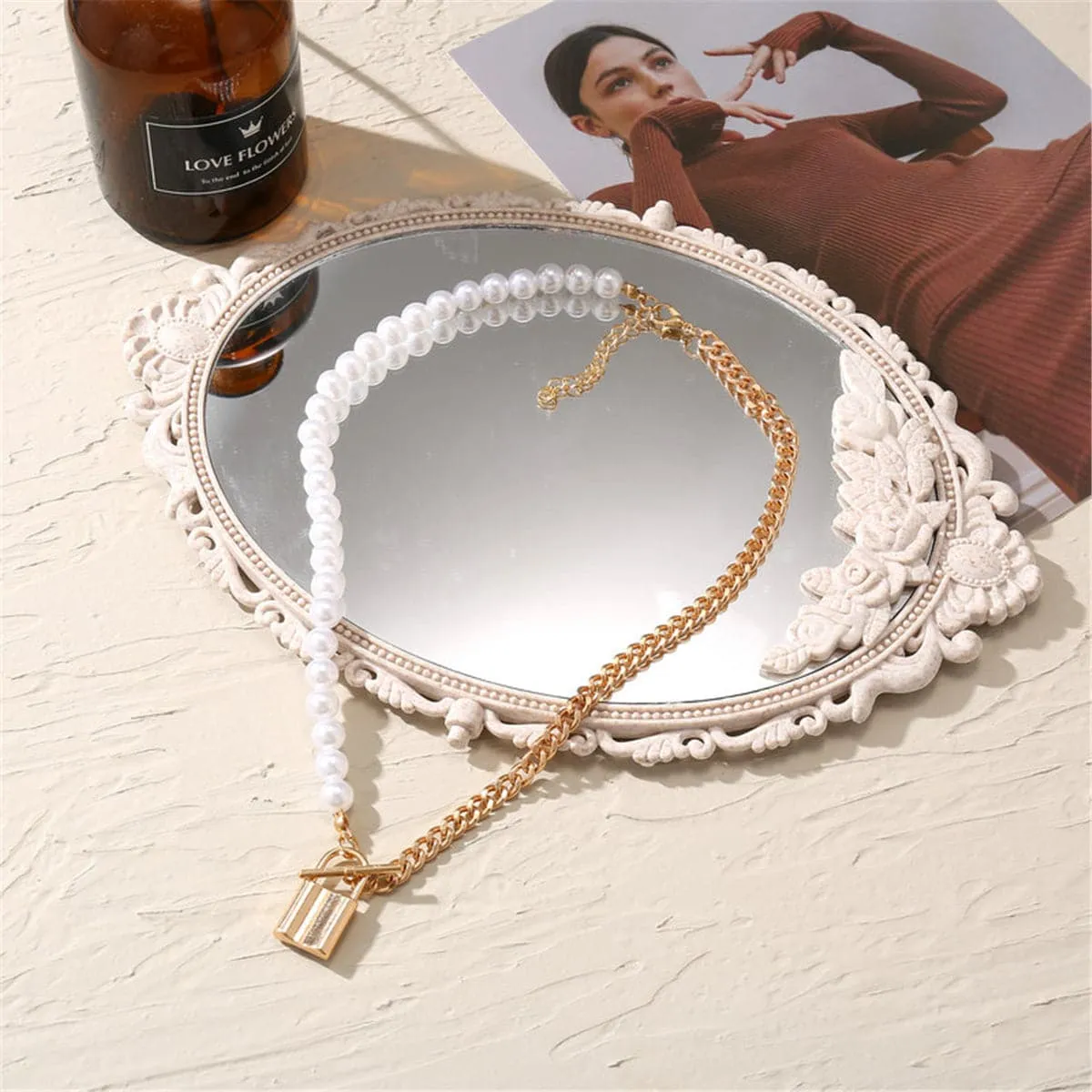 Pearl & 18K Gold-Plated Lock Pendant Necklace