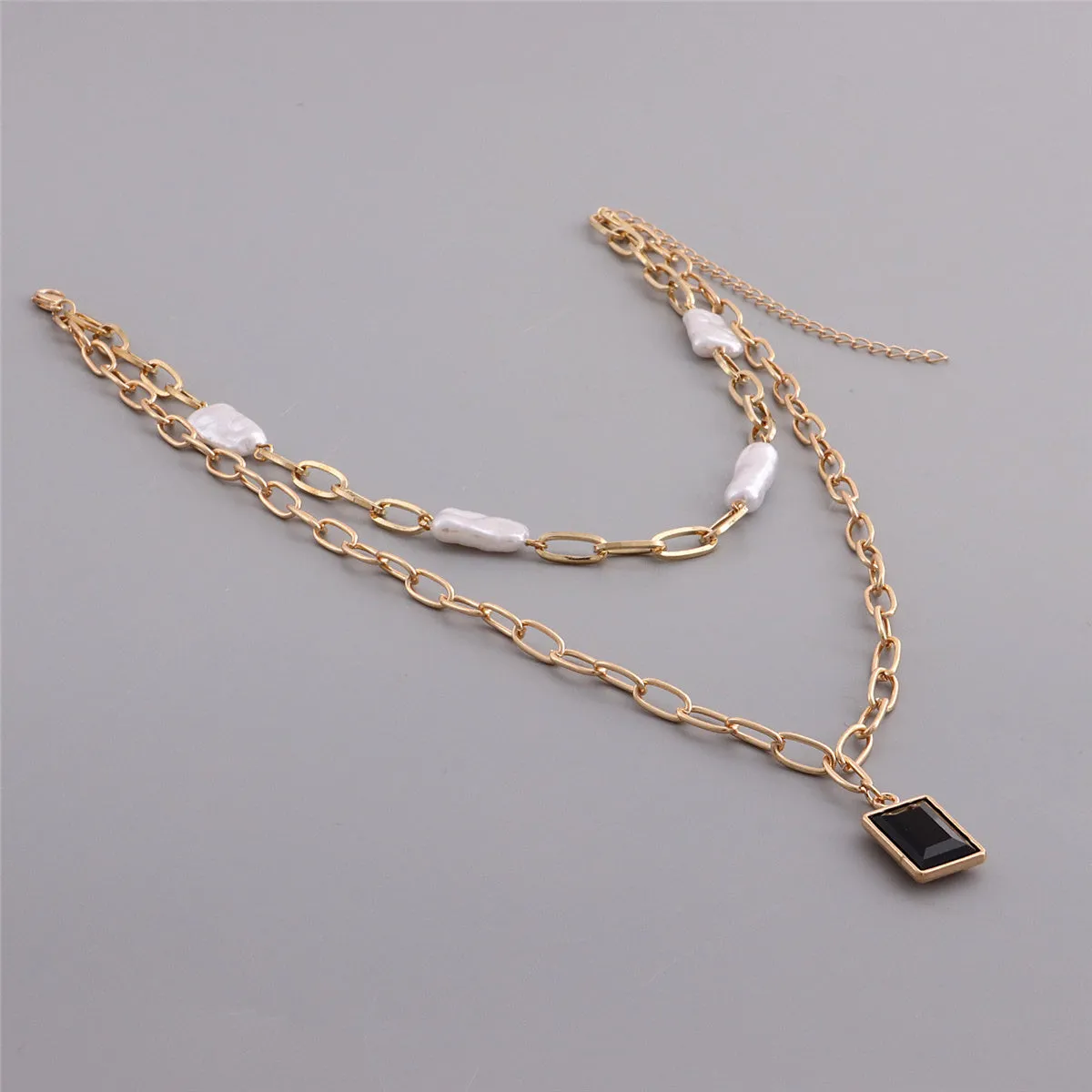 Pearl & Crystal 18K Gold-Plated Rectangle Layered Pendant Necklace
