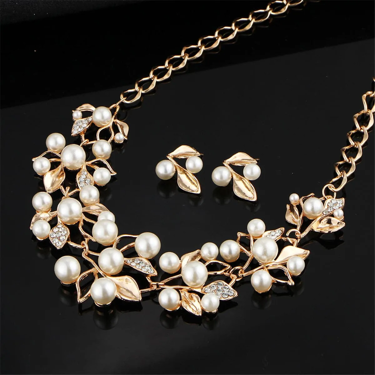 Pearl & Cubic Zirconia 18K Gold-Plated Leaf Statement Necklace Set