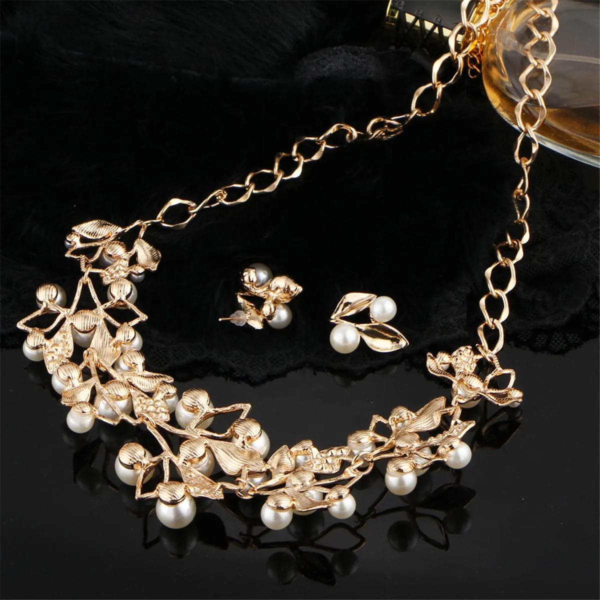 Pearl & Cubic Zirconia 18K Gold-Plated Leaf Statement Necklace Set
