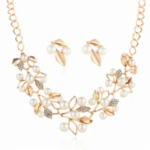 Pearl & Cubic Zirconia 18K Gold-Plated Leaf Statement Necklace Set
