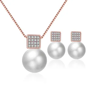 Pearl & Cubic Zirconia 18K Rose Gold-Plated Pendant Necklace & Earrings Set