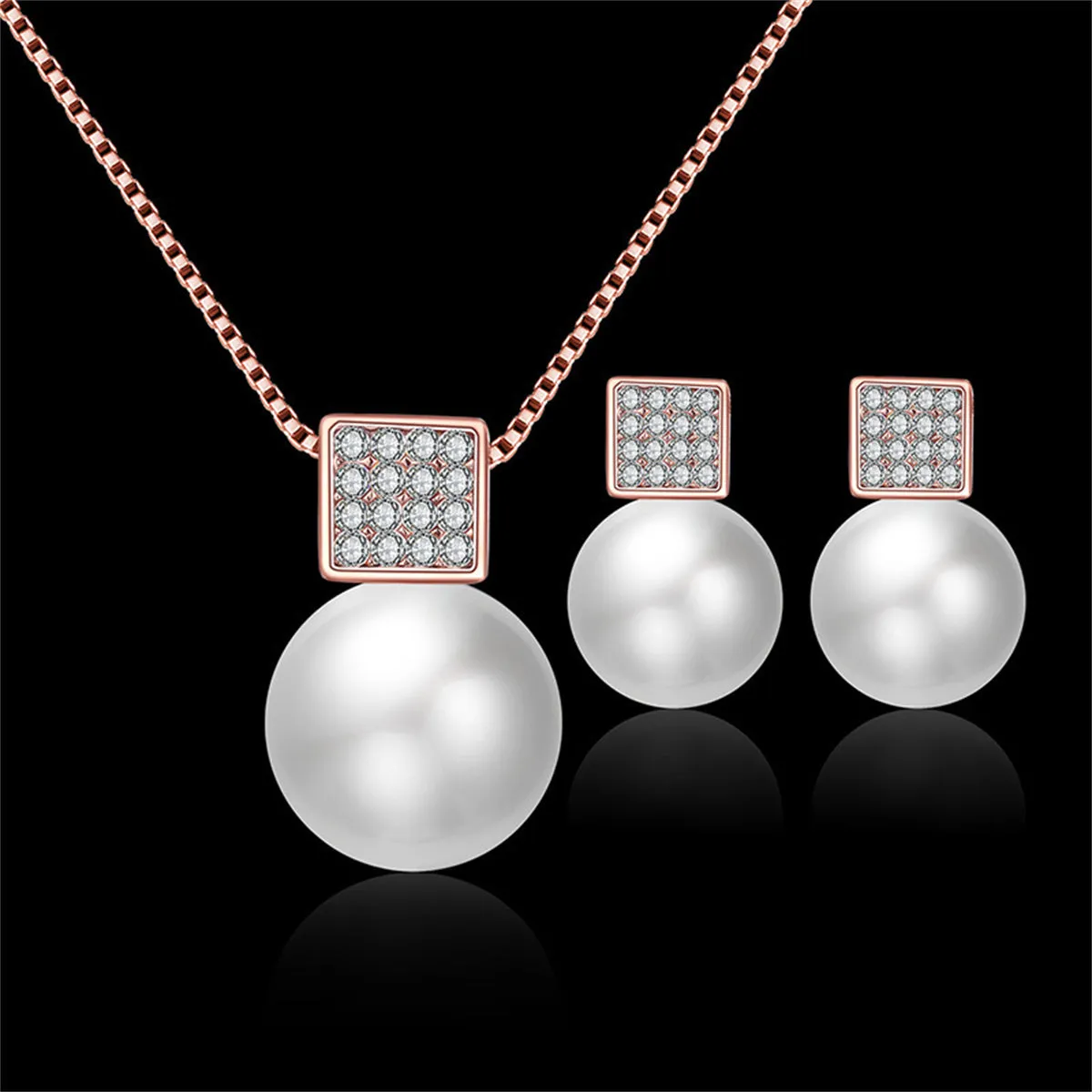 Pearl & Cubic Zirconia 18K Rose Gold-Plated Pendant Necklace & Earrings Set