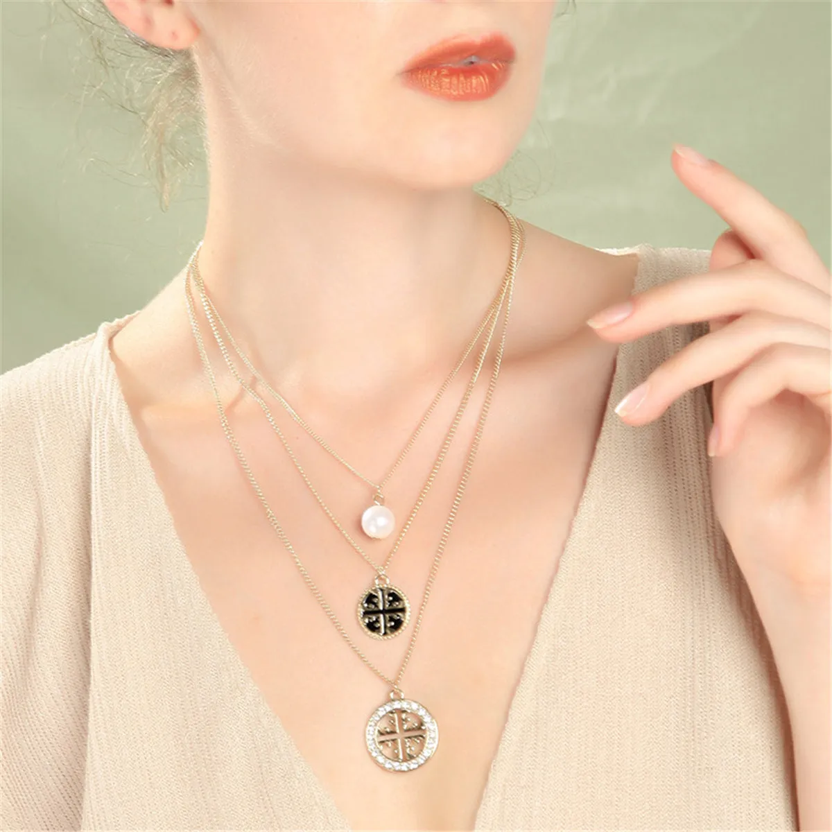 Pearl & Cubic Zirconia Three-Layer Pendant Necklace