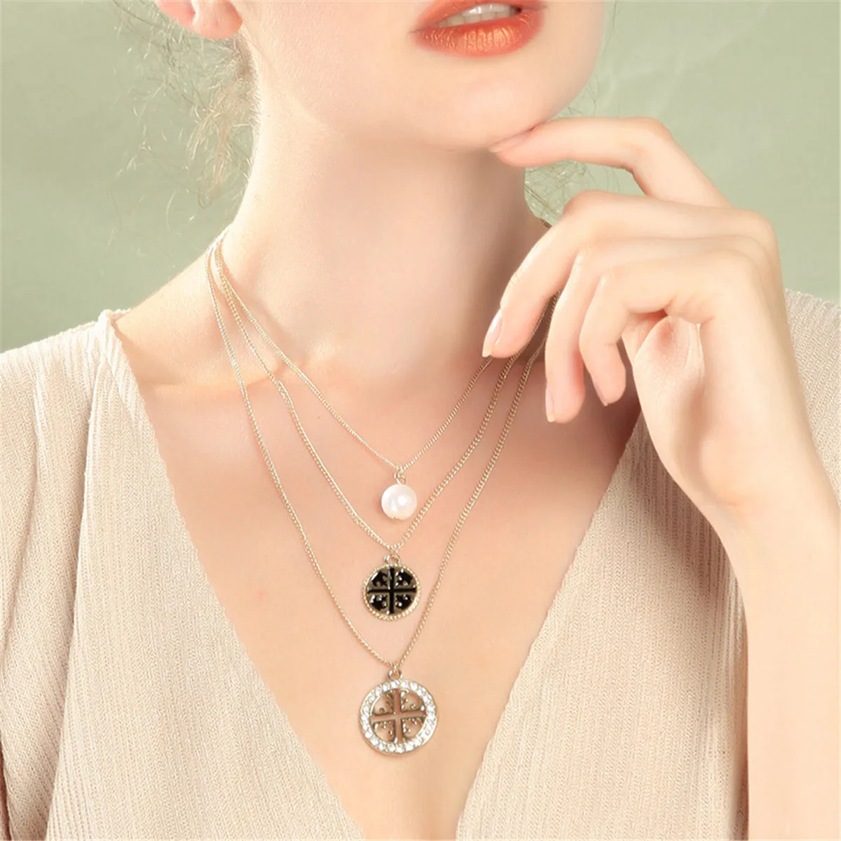 Pearl & Cubic Zirconia Three-Layer Pendant Necklace