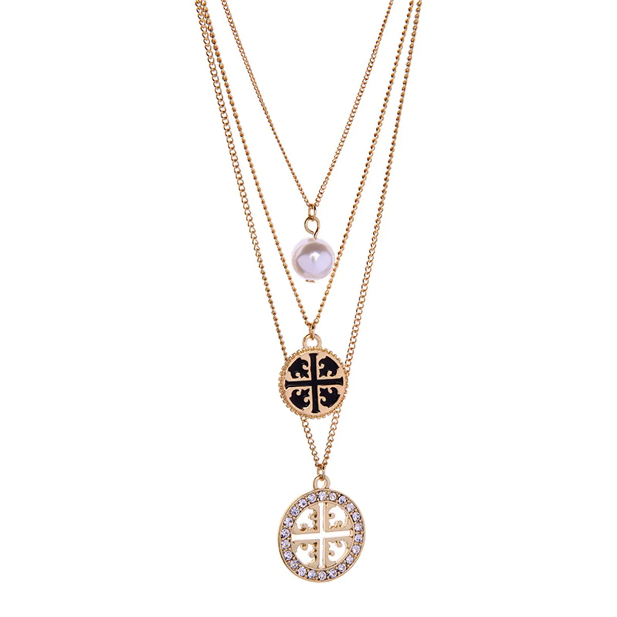 Pearl & Cubic Zirconia Three-Layer Pendant Necklace