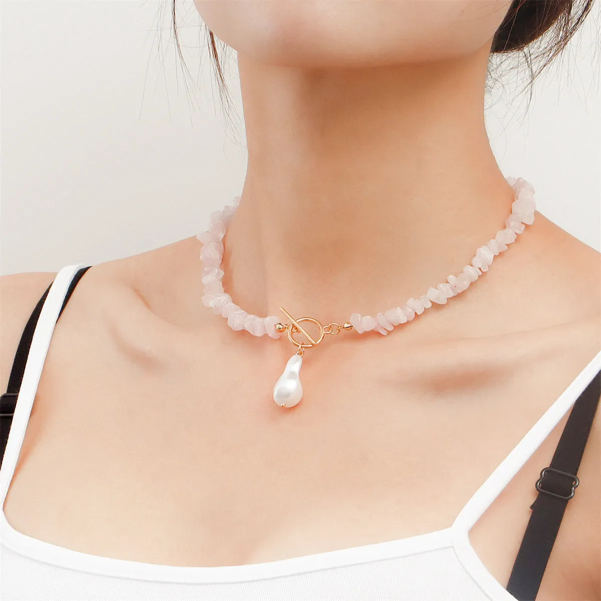 Pearl & Pink Irregular Resin 18K Gold-Plated Drop Pendant Toggle Necklace