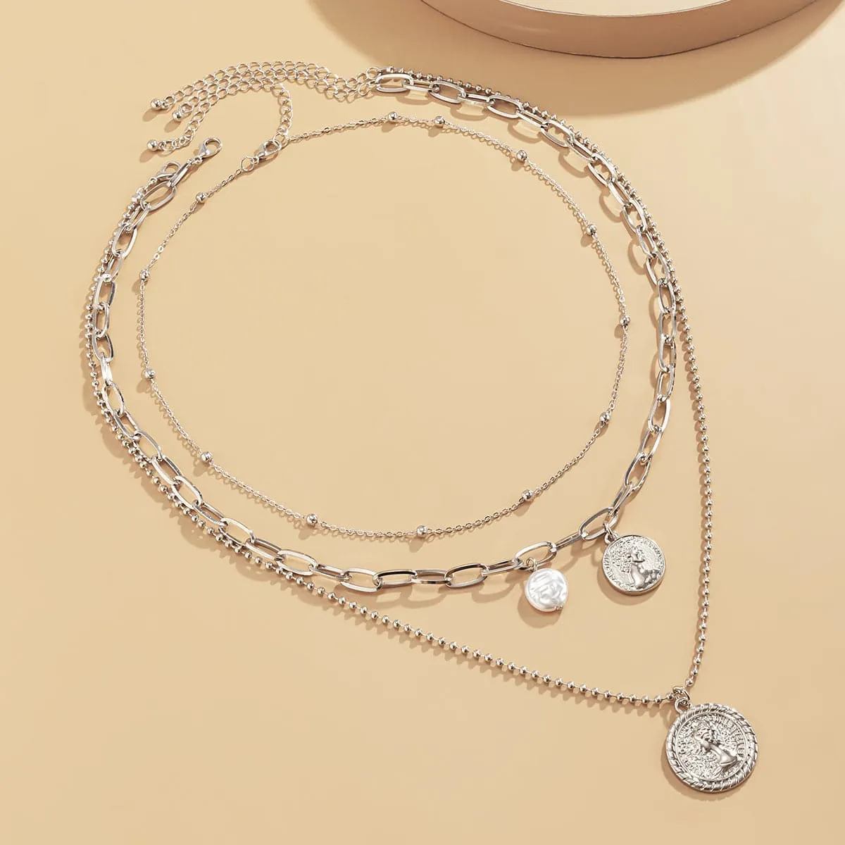 Pearl & Silver-Plated Coin Cable Chain Necklace Set